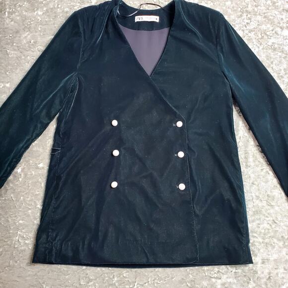 Zara Emerald Green Velvet Pearl Button Blazer - Picture 2 of 10